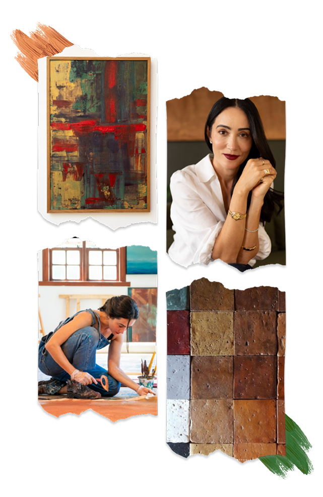 Ana Elisa Murta, fundadora da Jardim Mineral, em retratos no ateliê com obras e amostras minerais